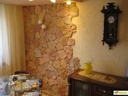 Decorative stone in the kitchen photo design with wallpaper