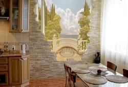 Decorative stone in the kitchen photo design with wallpaper