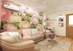Wallpaper roses in the living room interior