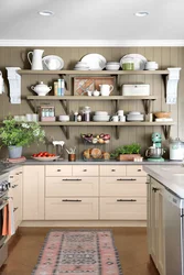 Kitchen design with open shelves and cabinets