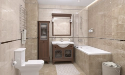 Bathroom interior beige porcelain tiles