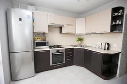 Corner kitchen design with refrigerator photo sink in the corner
