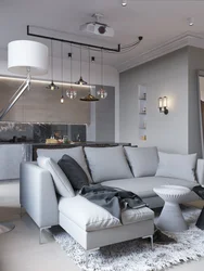 White gray kitchen living room design photo