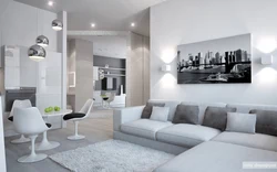 White gray kitchen living room design photo