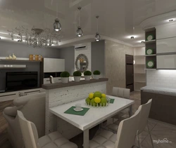 Photo of a living room kitchen in an apartment with a balcony