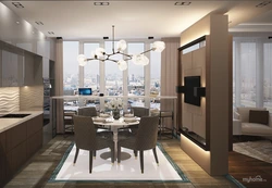 Photo Of A Living Room Kitchen In An Apartment With A Balcony