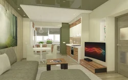 Photo of a living room kitchen in an apartment with a balcony