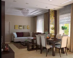 Living room with kitchen in a modern style photo with two windows