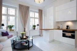 Living room with kitchen in a modern style photo with two windows