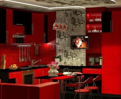 Photo red kitchen living room