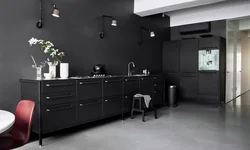 Black wallpaper in the kitchen in the interior