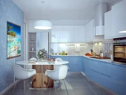 Kitchen design with blue wallpaper