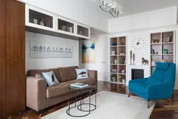 Shelves above the sofa in the living room photo