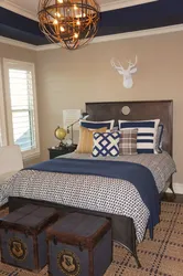 Blue and brown in the bedroom interior
