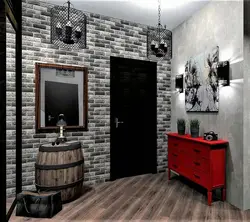 Hallway design with bricks and wallpaper