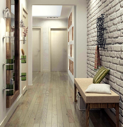Hallway design with bricks and wallpaper