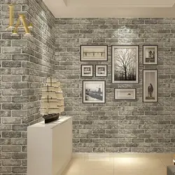 Hallway design with bricks and wallpaper