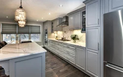 Light gray kitchen design with wood