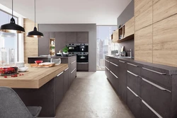 Light gray kitchen design with wood