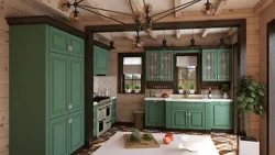 Green kitchen with wooden countertops in the interior