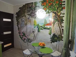 Divarda Foto Divar Kağızı Ilə Müasir Mətbəx Dizaynı