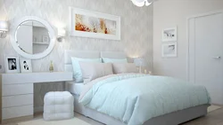 White wallpaper in the bedroom interior photo