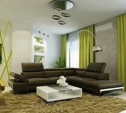 Light green curtains in the living room interior