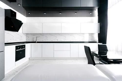 Kitchen design with black countertop and splashback