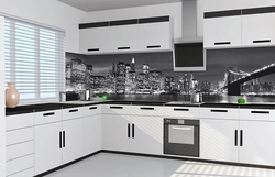 Kitchen design with black countertop and splashback