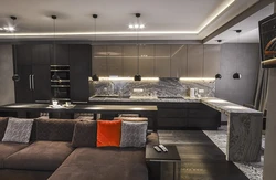 Kitchen living room interior design in gray tones