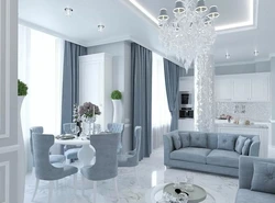 Kitchen living room interior design in gray tones