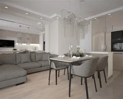 Kitchen living room interior design in gray tones