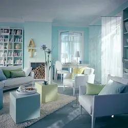Blue wallpaper in the living room interior