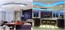 Потолок из гипсокартона с подсветкой двухуровневый дизайн на кухне