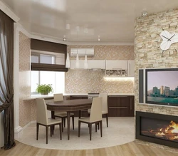 Brown kitchen and living room in the interior photo