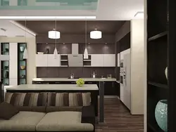 Brown Kitchen And Living Room In The Interior Photo