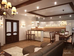 Brown kitchen and living room in the interior photo