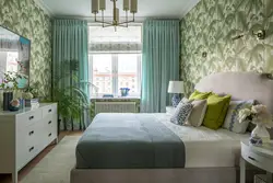 Photo bedroom design with green wallpaper