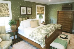 Photo bedroom design with green wallpaper