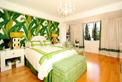 Photo bedroom design with green wallpaper