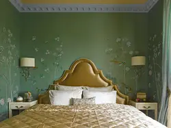 Photo bedroom design with green wallpaper