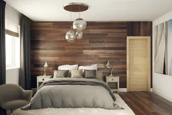 Gray bedroom with wood in the interior