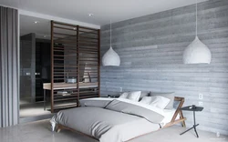 Gray bedroom with wood in the interior