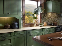 Green countertop in the kitchen interior