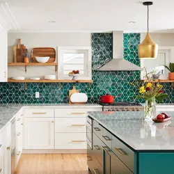 Green countertop in the kitchen interior