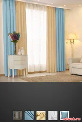 Blue curtains in the bedroom interior