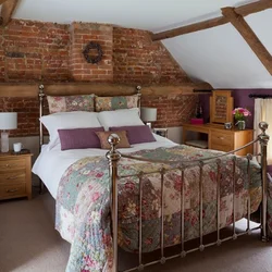 Country style bedroom photo interior with wallpaper