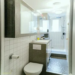 Small bathroom design with shower and washing machine sink