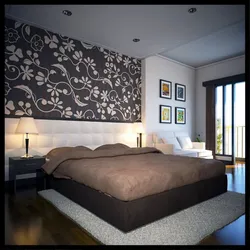 Bedroom interior design with dark wallpaper