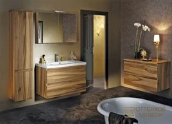 Bath design with wood furniture